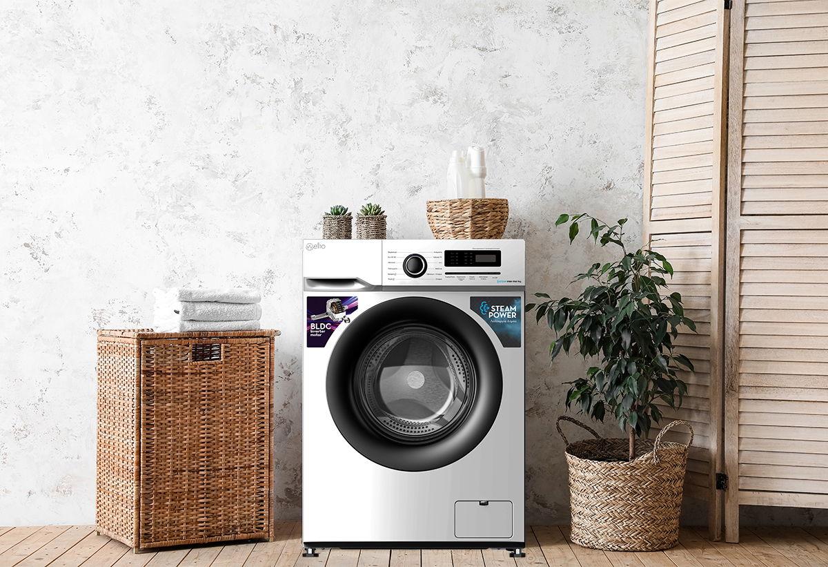 Στη φωτογραφία απεικονίζεται το πλυντήριο σε ένα δωμάτιο με διάφορα αντικείμενα τοποθετημένα γύρω του